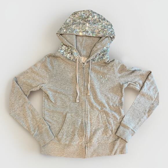 Victorias Secret Pink Graphic Limited Edition Sequined Hood Velour Hoodie SZ XS - Picture 1 of 6